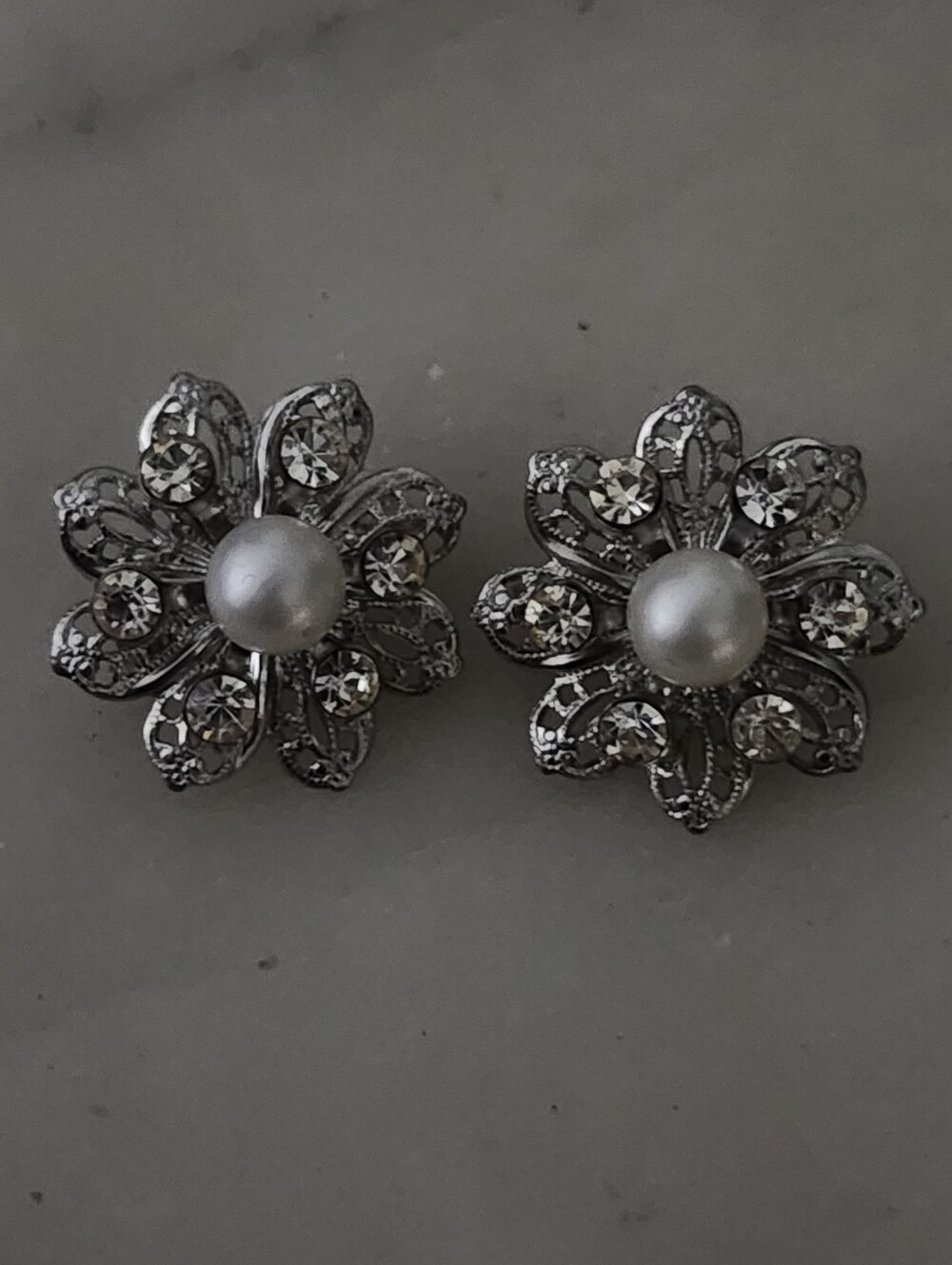 Vtg Silver Floral Pearl & Crystal Brooches - Set Of 2